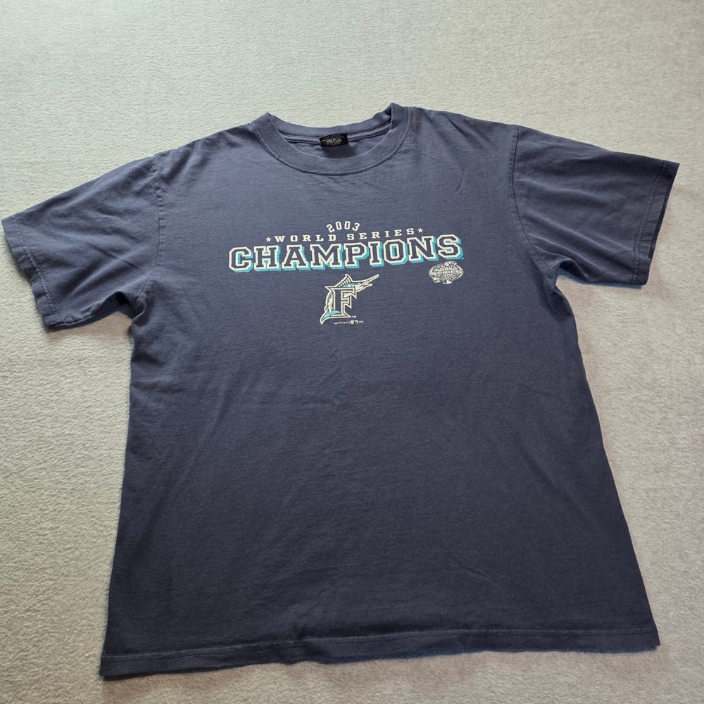 Vintage‎ Florida Marlins 2003 World Series Champions Navy Blue Shirt Mens L Gear